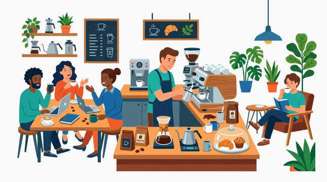 A cozy coffee shop interior with customers and baristas. The shop features comfortable seating, various coffee-making equipment, and decorative plants.