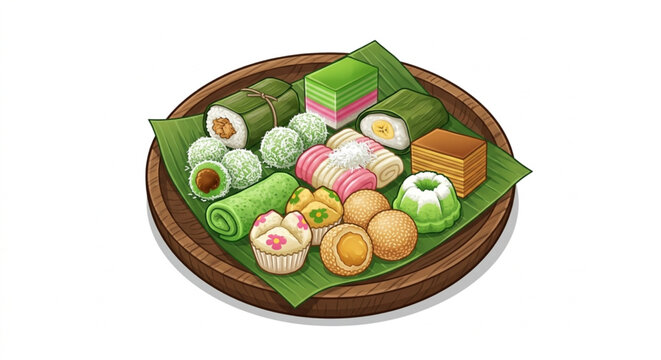 Traditional Indonesian snacks or Jajanan Pasar served on a wooden plate with banana leaf.