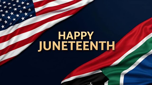 Happy Juneteenth celebration with waving USA and Juneteenth flags on dark background