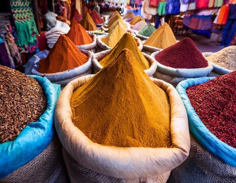 vibrant spices in sacks at a market in marrakech rich colors and textures travel background
