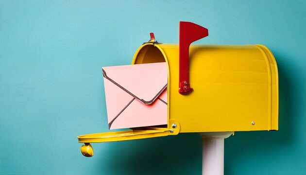 yellow mailbox with envelope on pastel background