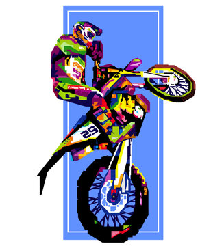 Colorful WPAP pop art motocross rider jumping on blue background.