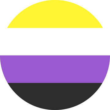 Non binary flag pride circle sticker, badge. LGBTQ pride community flag round button, icon. Flag of Nonbinary pride circular banner. LGBT sign. Identity flag of Sexual minorities.