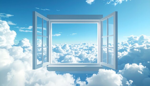 Open window to a serene sky filled with fluffy clouds.