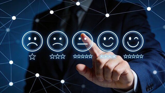 Hand selecting neutral face on digital rating scale with stars, depicting customer feedback, user experience evaluation, service quality assessment, satisfaction survey, opinion