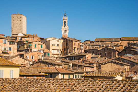 Siena view of medieval town and bell tower 'Torre del Mangia' on the Piazza del Campo di Siena, Tuscany, Italy