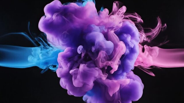 Blue and pink ink clouds exploding against black background