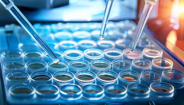 cell culture lab with pipettes and biomarker screens clean bright lighting macro detail
