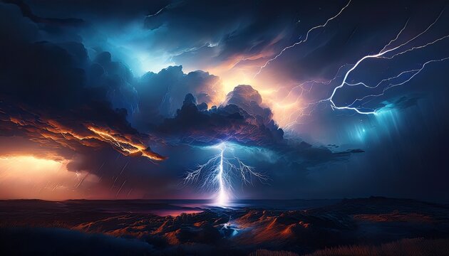 a dramatic lightning bolt splits the pitch black sky illuminating intricate cloud formations during a fierce storm in the night