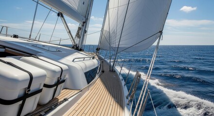 Fototapeta premium Luxury Sailing Yacht Deck View with White Sails Full of Wind on the De