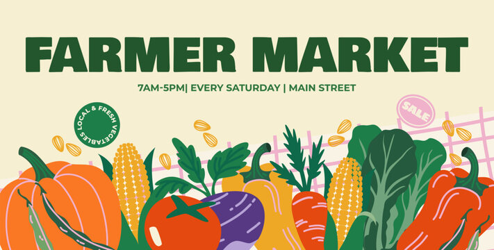 Horizontal banner for a farmer market event. Features a arrangement of fresh autumn vegetables including pumpkin, corn, tomatoes, and peppers.