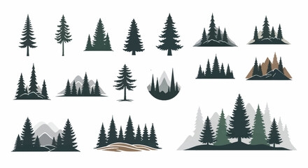Obraz premium A collection of various stylized evergreen trees and forest landscapes, featuring individual pines and dense woodland scenes.
