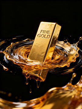 Conceptual illustration of fine gold bar with dynamic liquid gold splash, luxury financial investment asset and wealth success visualization on black background.