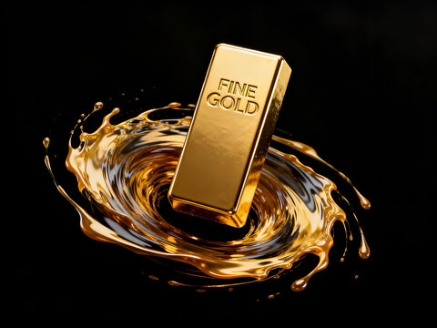 Conceptual illustration of fine gold bar with dynamic liquid gold splash, luxury financial investment asset and wealth success visualization on black background.