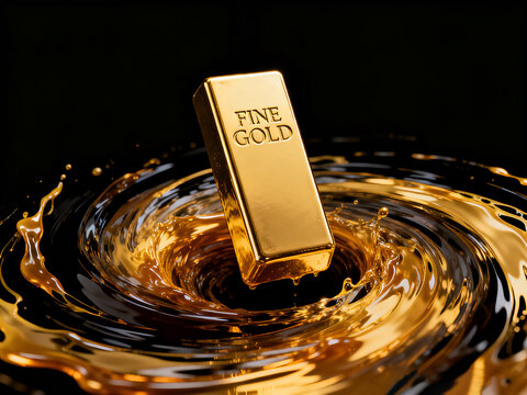 Conceptual illustration of fine gold bar with dynamic liquid gold splash, luxury financial investment asset and wealth success visualization on black background.