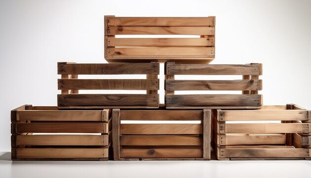 stacked rustic wooden crates on white background shipping storage