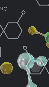 Vertical video: Entering from right, 3D molecule moving left and rotating, revealing hexagons