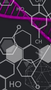 Vertical video: Chem lines appearing, magenta helix sliding, hex tiles rotating, showing molecules