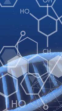 Vertical video: Camera pulling back, blue DNA helix rotating, sliding, showing molecular structure
