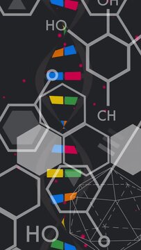Vertical video: Upper helix entering view causing rotation, downward shift, revealing colored bases