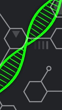 Vertical video: On play green helix rotating diagonally across static hex motif for molecular view