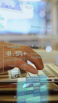 Vertical video: Analyst typing after rest, causing finance HUD updating charts, settling on targets