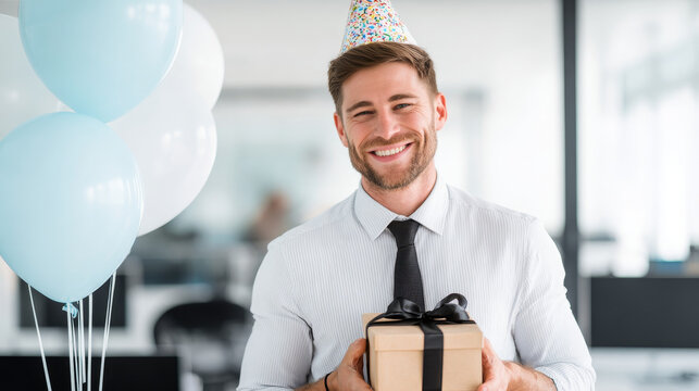 Happy young man celebrating birthday at office, wearing a festive party hat and holding a gift box with a big smile. Modern workspace with blue balloons in the background creates a joyful atmosphere