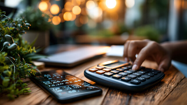 Close-up of calculator and smartphone screen showing numbers for finance budgeting bills payment planning stress