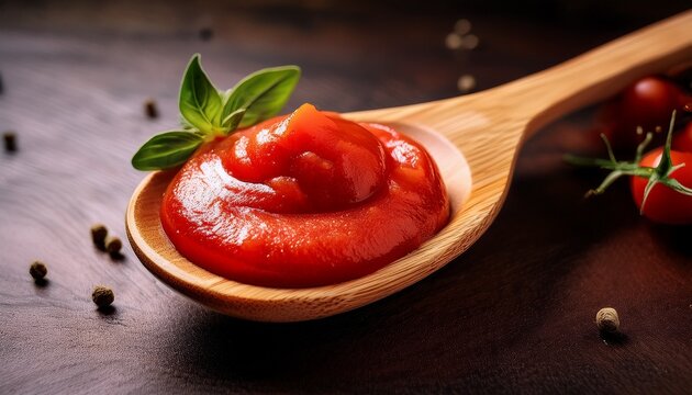 detailed capture of a wooden spoon holding fresh tomato paste