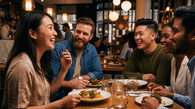 Diverse friends laughing together over dinner at restaurant