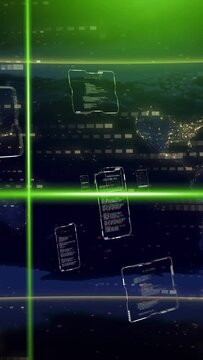 Vertical video: Neon beam scanning UI panels drifting over lit Earth through beam grid for tracking