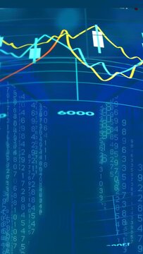 Vertical video: 3D finance chart receiving data, panning upward and showing live lines, candles