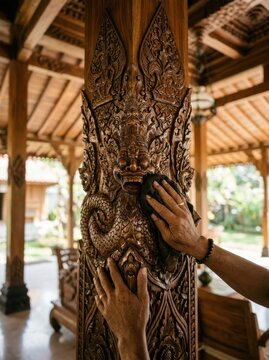 Detailed wood carving on a central teak pillar in a traditional Indonesian Joglo house interior.