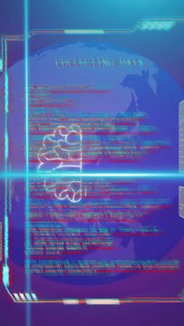 Vertical video: HUD on data pulse projecting globe, pulsing brain and scanning code for insight