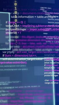Vertical video: On pink code sharpening cyan panels sliding, bits flowing, marking parsing