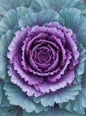 Obraz premium Vibrant Purple Kale Leaf Spiraling in Detailed Close Up Garden View