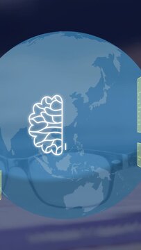Vertical video: Center stroke sparking globe making neon brain circuits aiming AI chip for tech