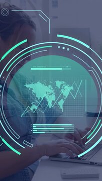 Vertical video: Woman analyst typing on laptop as HUD charts animating, analyzing business data