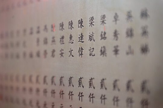 Lamma Island, Hong Kong : shallow depth of field view of traditional Chinese characters written on a temple wall with selective focus on central calligraphy symbols. 