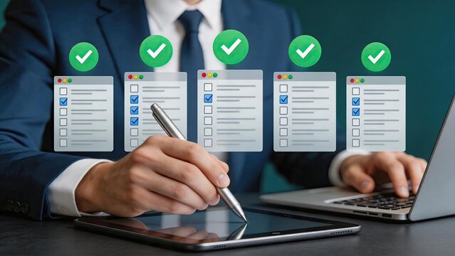 Business professional completing checklist tasks on tablet device with green check marks indicating success and project management workflow efficiency.