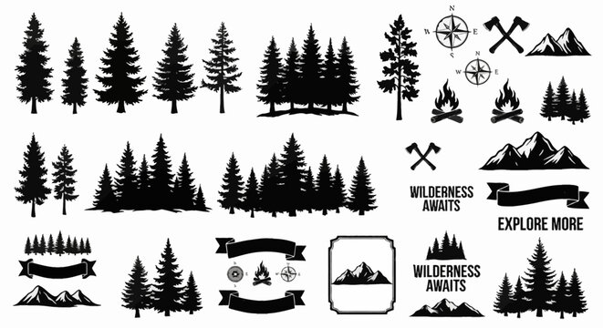 Collection of black silhouette illustrations of pine trees, mountains, compasses, campfires, and adventure-themed elements.