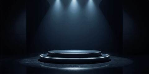 An abstract 3D illustration of an empty black and white music stage featuring an isolated blue spotlight shining down on a podium plate © MONORA