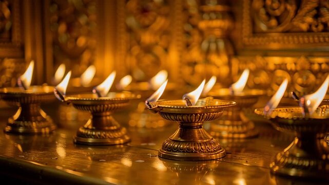 Burning brass oil lamps glowing during a traditional Indian temple ritual