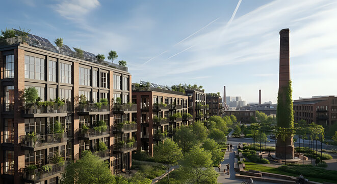 Modern urban buildings with green roofs and balconies next to an old industrial chimney and park