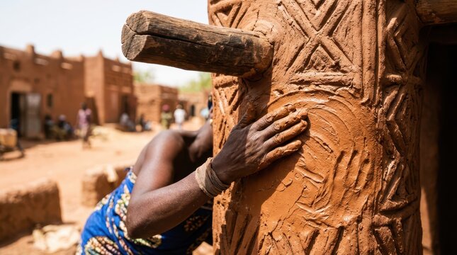 Detail of the traditional mud plastering process on an adobe building in the iconic Sudano-Sahelian style of West Africa.