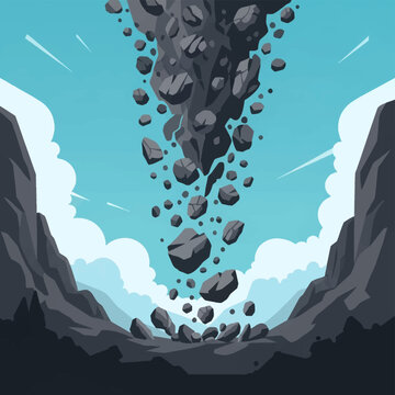 Vector illustration of a rockslide disaster with large gray boulders and debris falling through a mountain canyon pass under a bright blue sky with stylized white clouds.