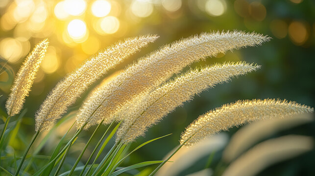Delicate plumes of grass sway gently, catching the light, embodying the essence of a peaceful afternoon in natures embrace