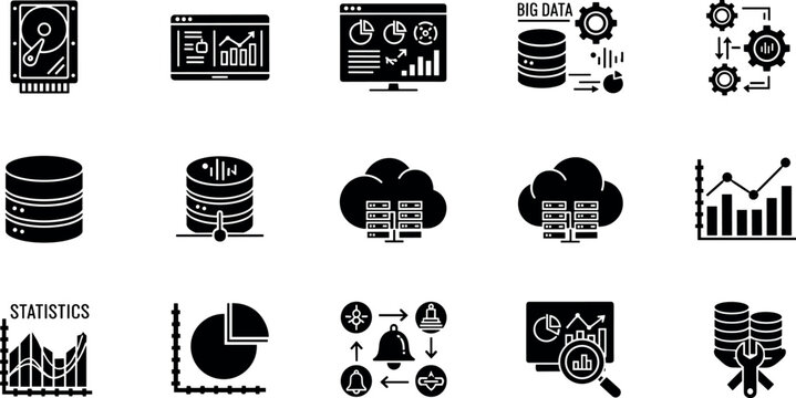 Data analytics and big data icon set solid glyph vector collection database cloud statistics dashboard symbols for business web UI design