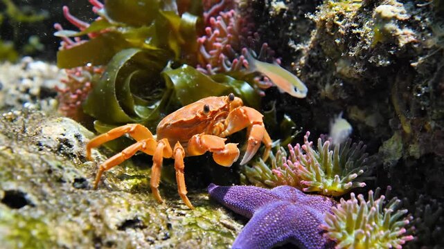 Marine life thrives in a vibrant coral reef ecosystem, showcasing an orange crab alongside colorful anemones, purple starfish, and swaying seaweed, creating a captivating underwater scene full