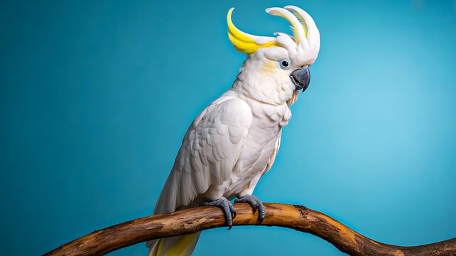 White cockatoo parrot perched on branch with vibrant blue background